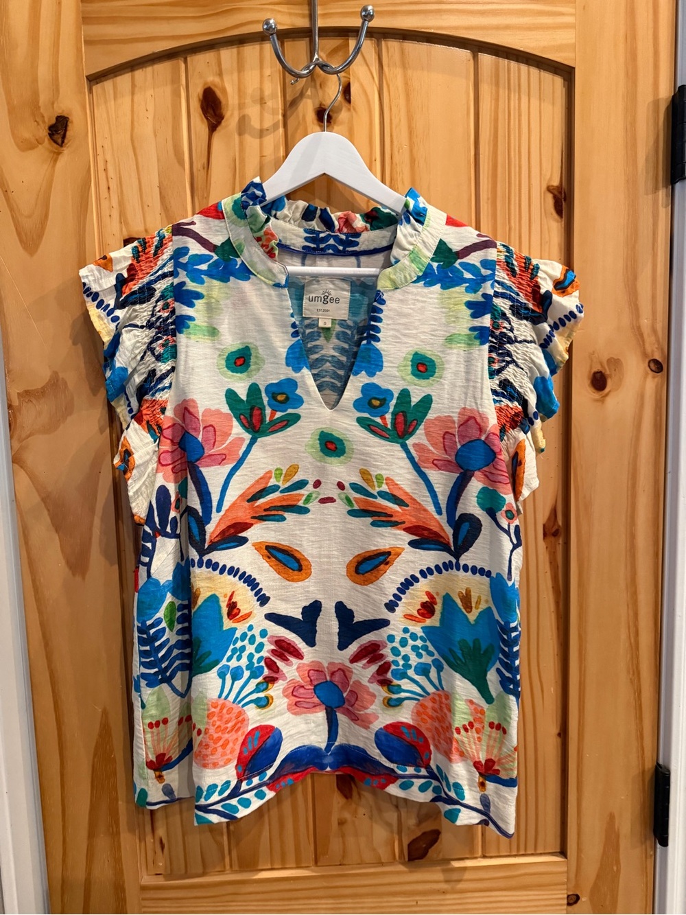 Umgee Cream Floral V-Neck Flutter Sleeve Blouse with Blue, Pink & Orange Accents